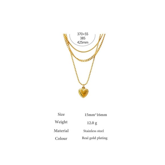 NEW 18K Gold Plated Link Chain Triple Layer Heart Necklace - Picture 7 of 7